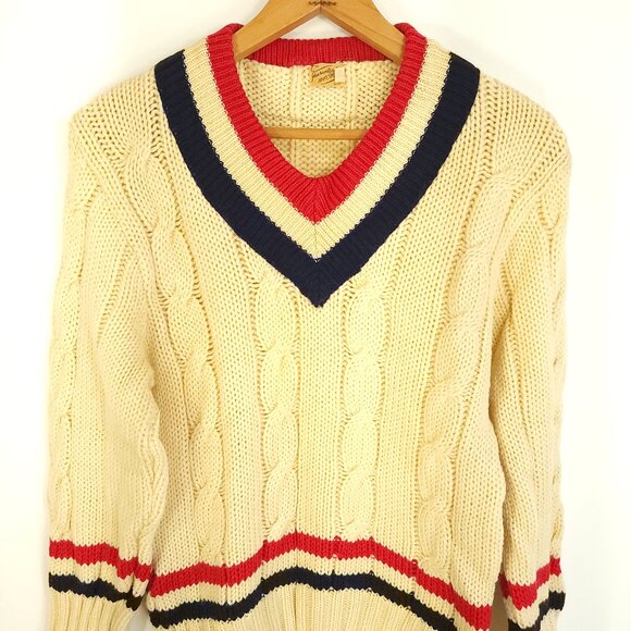 Vtg Guaranteed Wool Sweater Men's S/M? Cream Tennis Preppy Pullover Distressed